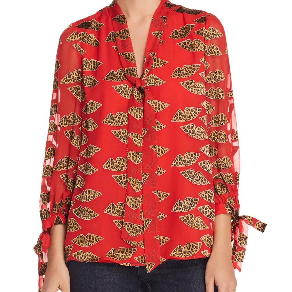 NWOT Alice + Olivia Sheila Lips Burnout Tie-Neck Top Cheetah Print Size M